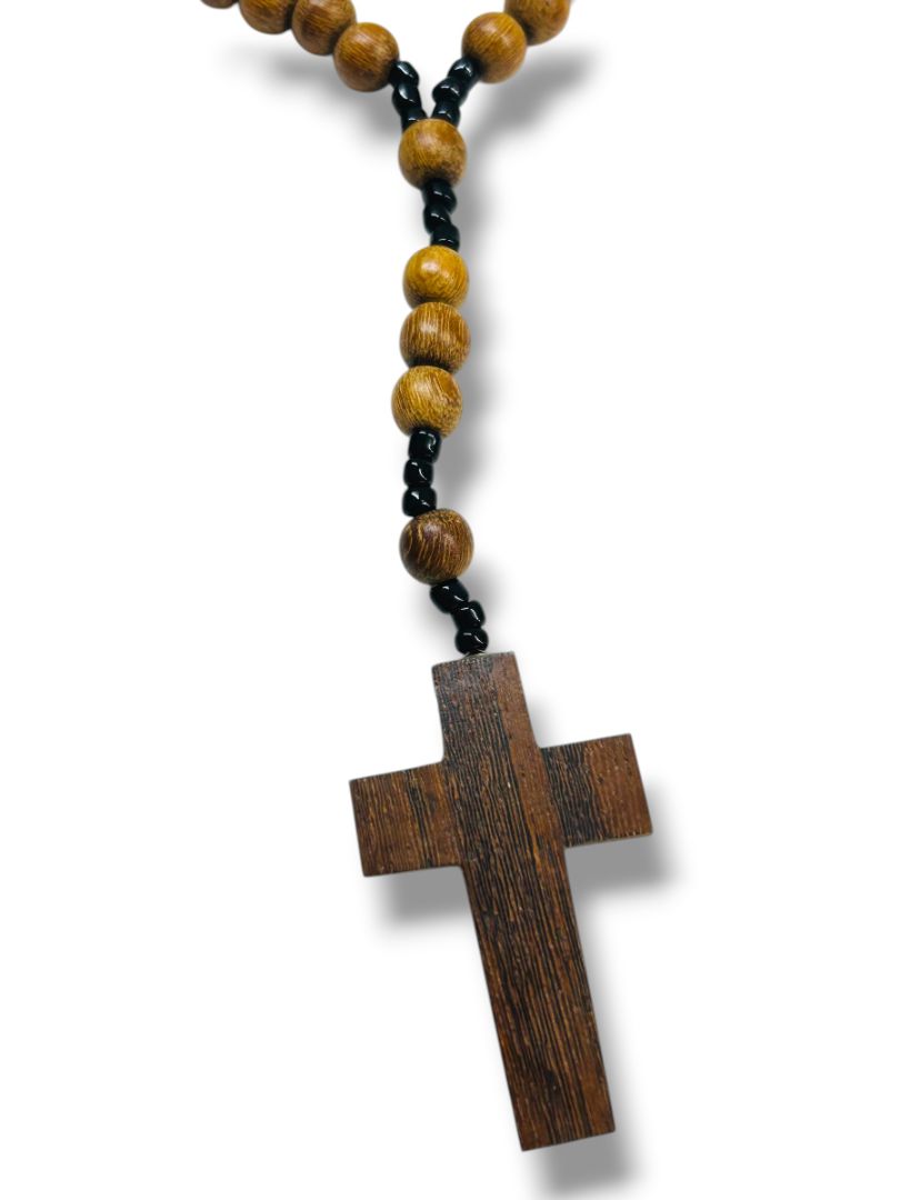 Vintage Wooden Prayer Bead Cross Necklace Barrel Clasp