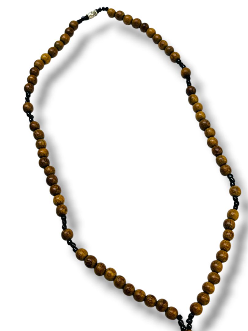 Vintage Wooden Prayer Bead Cross Necklace Barrel Clasp