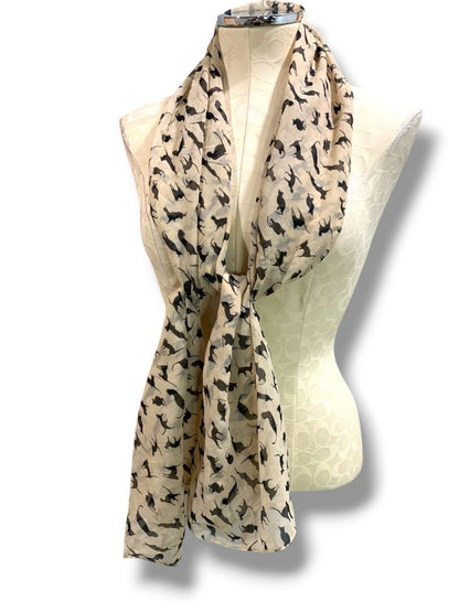Sheer Scarf Tan Black Cat Feline Print 62" x 27"