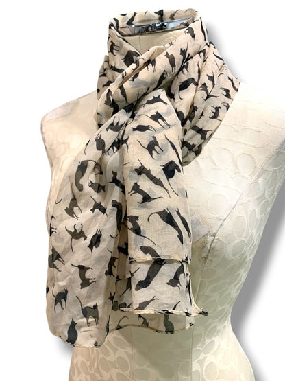 Sheer Scarf Tan Black Cat Feline Print 62" x 27"