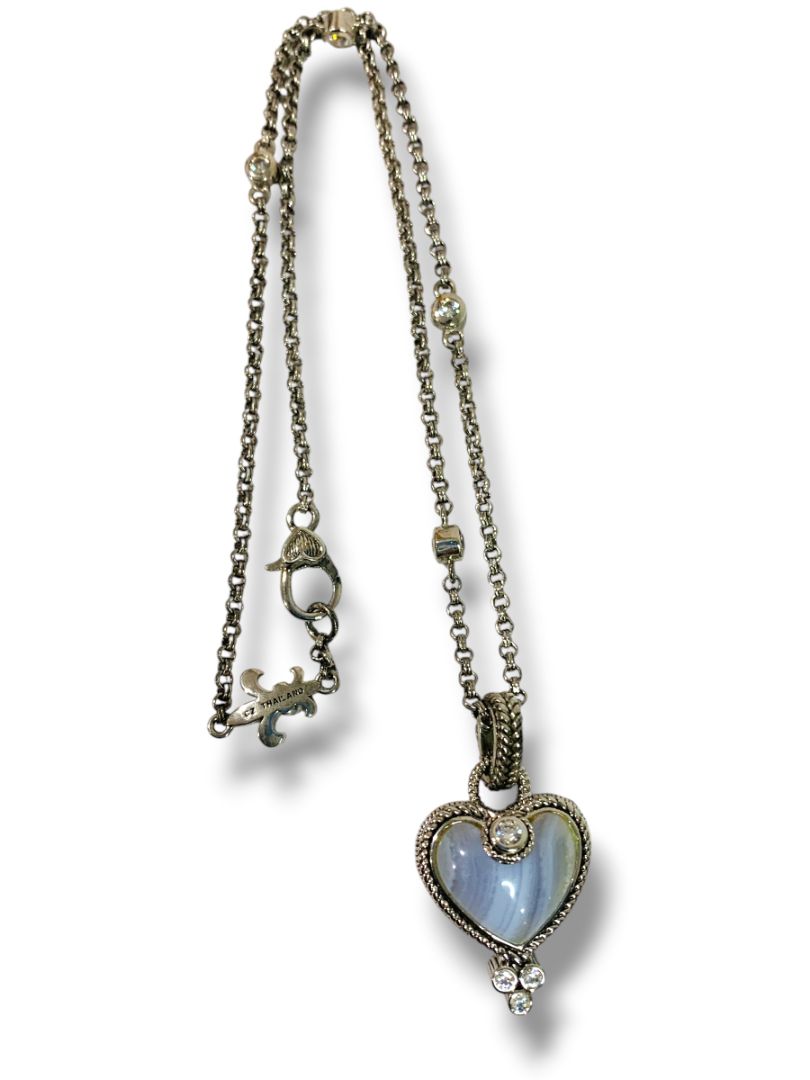 Judith Ripka Blue Lace Agate Sterling Silver CZ Heart Pendant Necklace 17.5"