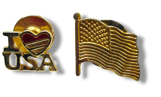 2 Goldtone Lapel Pins American Flag .75" I love USA Avon .5"
