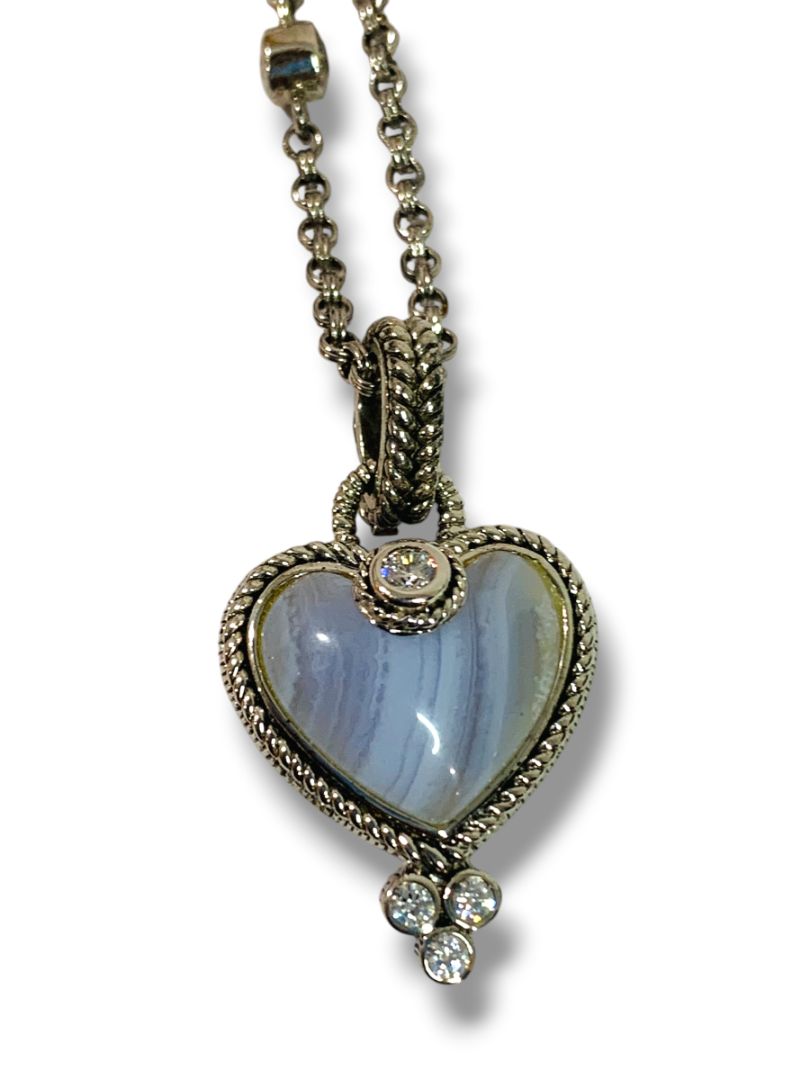 Judith Ripka Blue Lace Agate Sterling Silver CZ Heart Pendant Necklace 17.5"