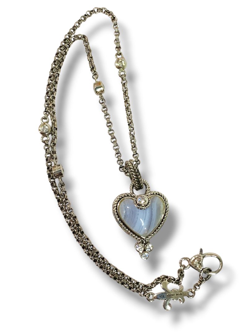 Judith Ripka Blue Lace Agate Sterling Silver CZ Heart Pendant Necklace 17.5"