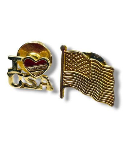 2 Goldtone Lapel Pins American Flag .75" I love USA Avon .5"
