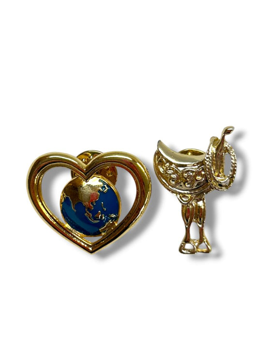 2 Vintage Avon Lapel Pins Goldtone Heart 1" Saddle 1.2"