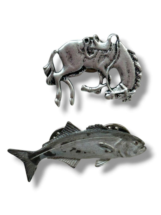 2 Silvertone Lapel Pins Bucking Horse 1.25" Fine Pewter Spotted Trout 1.6"