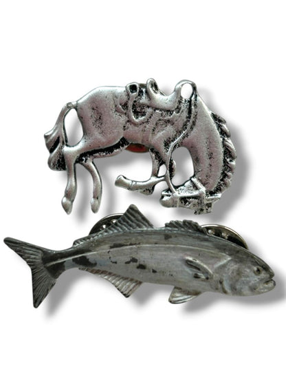 2 Silvertone Lapel Pins Bucking Horse 1.25" Fine Pewter Spotted Trout 1.6"