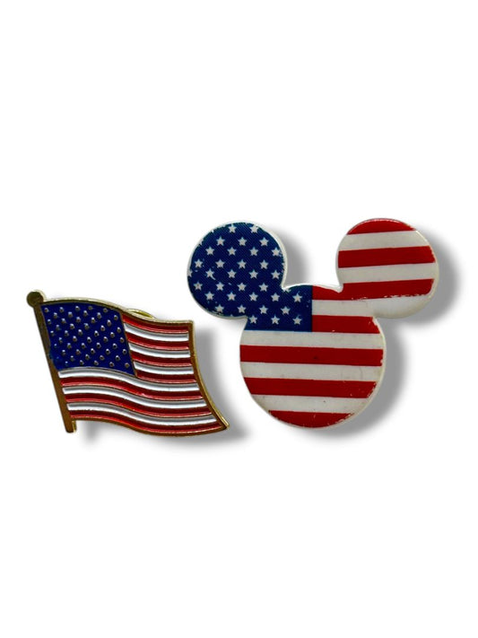2 Lapel Pins American Flag 1" Mouse Ears Flag 1.25"