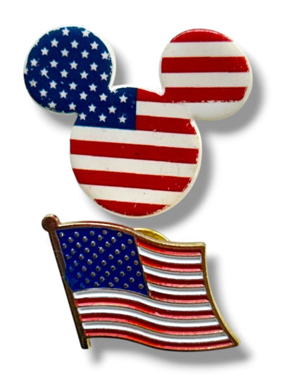 2 Lapel Pins American Flag 1" Mouse Ears Flag 1.25"