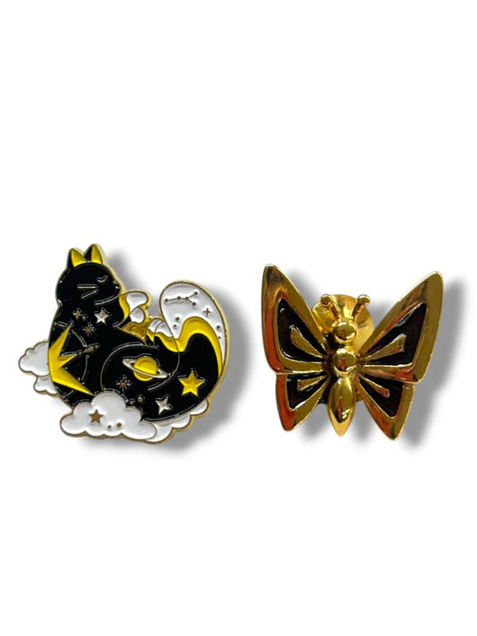 2 Lapel Pins Cosmic Cat 1.25" Butterfly Goldtone Black 1"