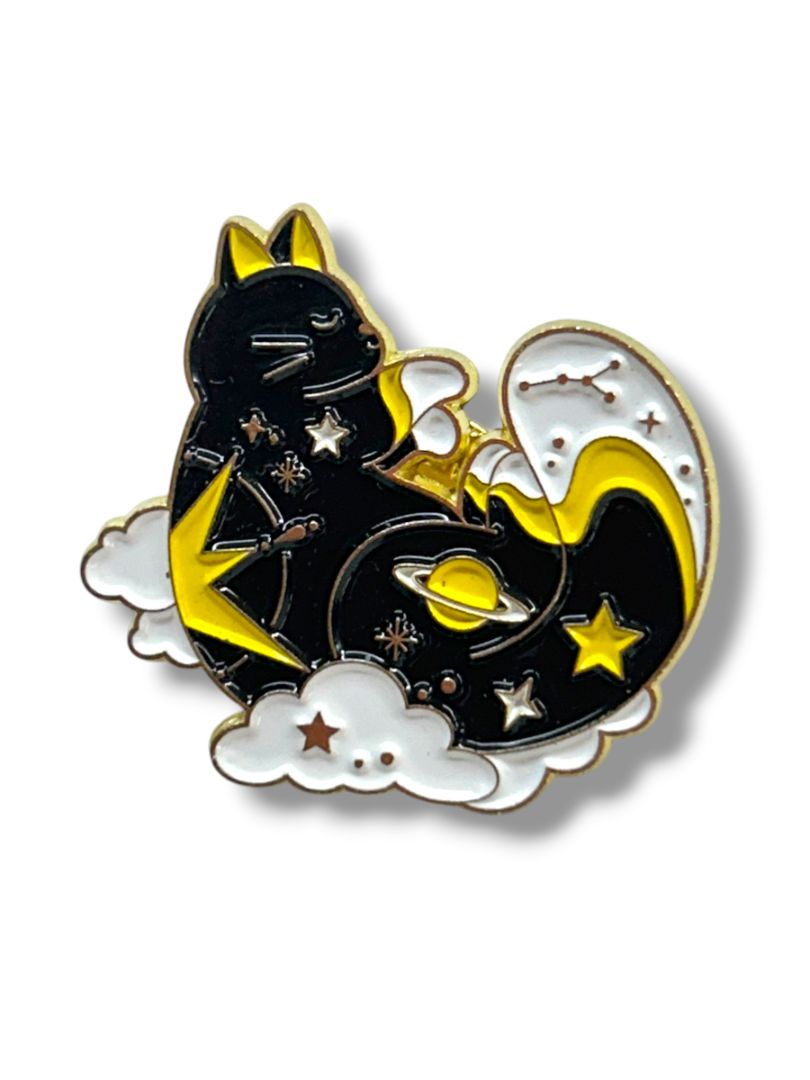 2 Lapel Pins Cosmic Cat 1.25" Butterfly Goldtone Black 1"
