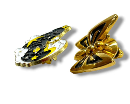 2 Lapel Pins Cosmic Cat 1.25" Butterfly Goldtone Black 1"