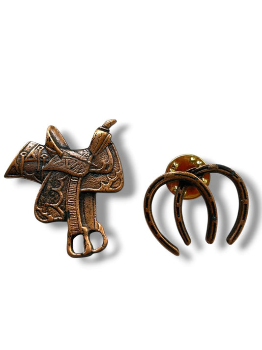 2 Equestrian Theme Lapel Pins Copper Color Horseshoes 1" Saddle 1.6"