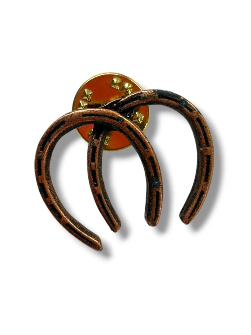 2 Equestrian Theme Lapel Pins Copper Color Horseshoes 1" Saddle 1.6"