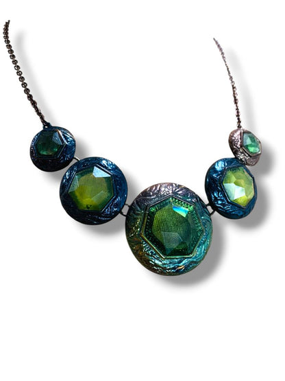 Funky Statement Necklace Green Ombre Metal Lays Flat 27.5" + 2" Extender