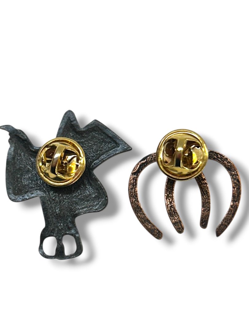 2 Equestrian Theme Lapel Pins Copper Color Horseshoes 1" Saddle 1.6"