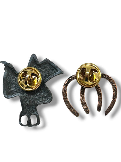 2 Equestrian Theme Lapel Pins Copper Color Horseshoes 1" Saddle 1.6"