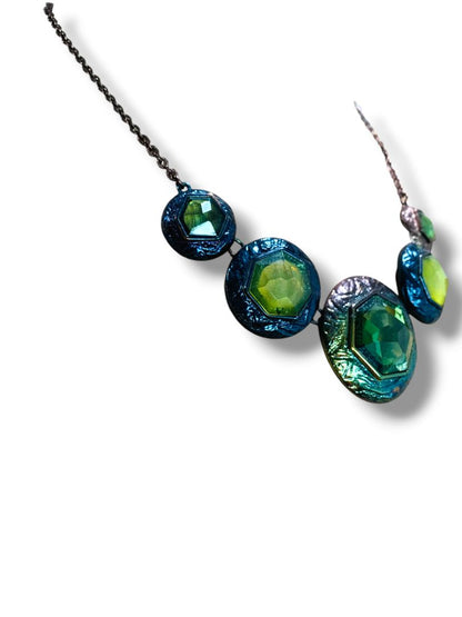 Funky Statement Necklace Green Ombre Metal Lays Flat 27.5" + 2" Extender
