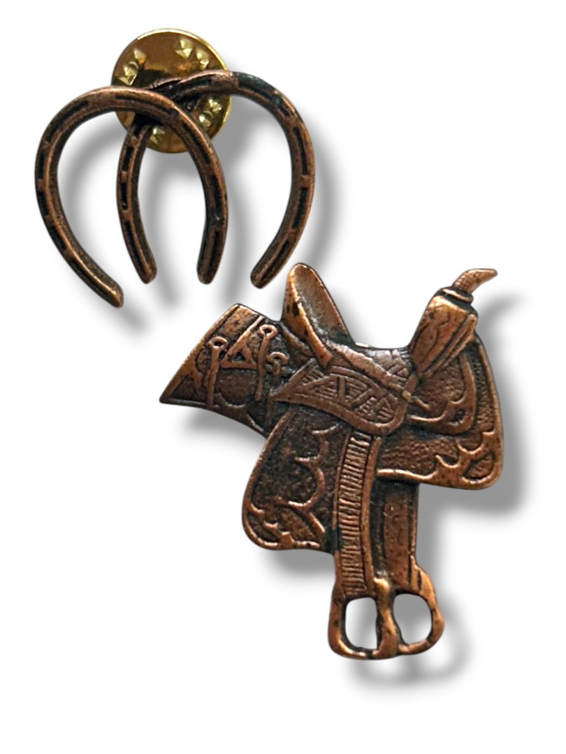 2 Equestrian Theme Lapel Pins Copper Color Horseshoes 1" Saddle 1.6"