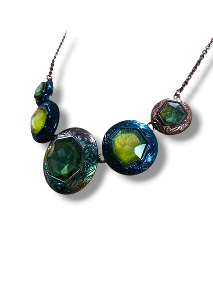 Funky Statement Necklace Green Ombre Metal Lays Flat 27.5" + 2" Extender