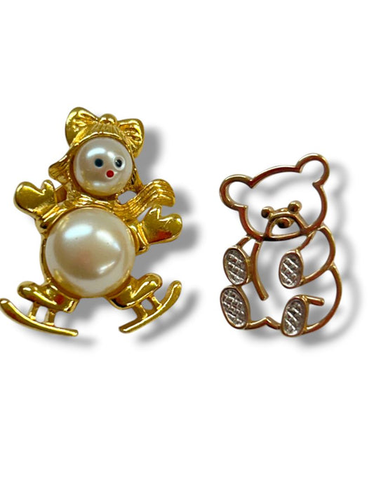2 Goldtone Lapel Pins Snow Girl Faux Pearl 1.25" Teddy Bear 1"