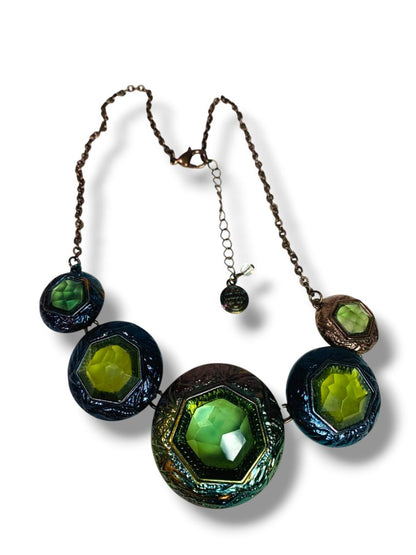 Funky Statement Necklace Green Ombre Metal Lays Flat 27.5" + 2" Extender