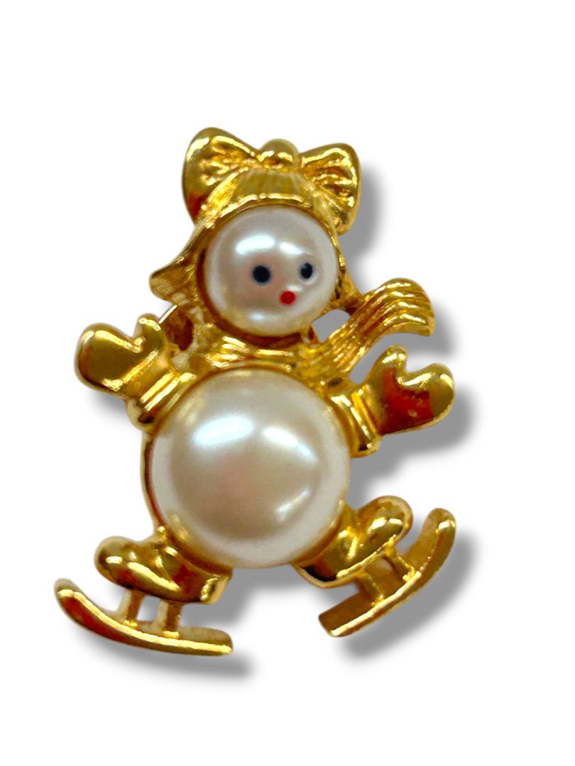 2 Goldtone Lapel Pins Snow Girl Faux Pearl 1.25" Teddy Bear 1"