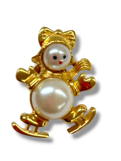 2 Goldtone Lapel Pins Snow Girl Faux Pearl 1.25" Teddy Bear 1"