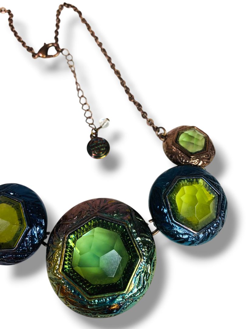 Funky Statement Necklace Green Ombre Metal Lays Flat 27.5" + 2" Extender