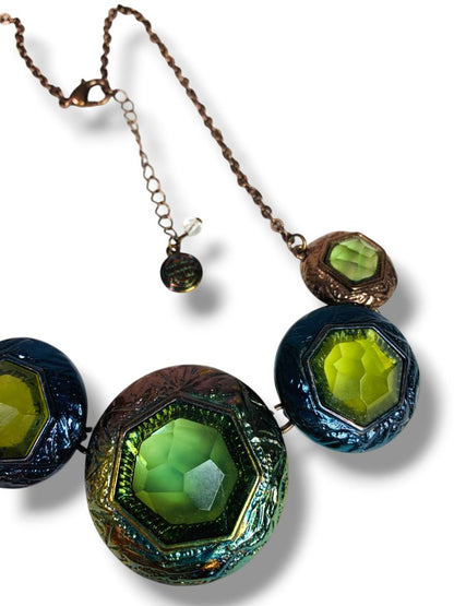 Funky Statement Necklace Green Ombre Metal Lays Flat 27.5" + 2" Extender