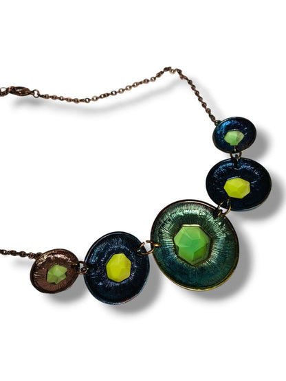 Funky Statement Necklace Green Ombre Metal Lays Flat 27.5" + 2" Extender