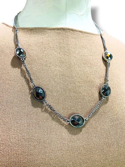 Silvertone Necklace Purple Yellow Beaded Overhead No Clasp