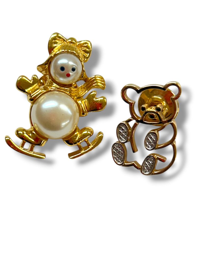 2 Goldtone Lapel Pins Snow Girl Faux Pearl 1.25" Teddy Bear 1"