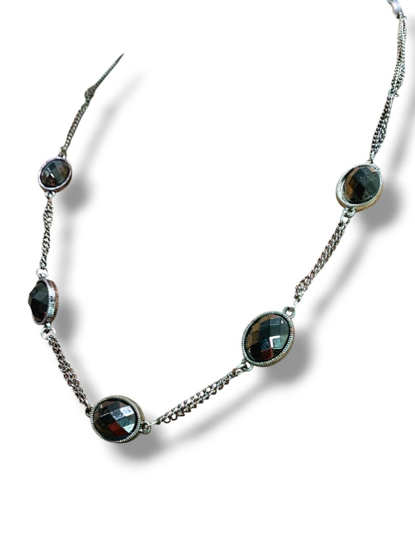 Silvertone Necklace Purple Yellow Beaded Overhead No Clasp