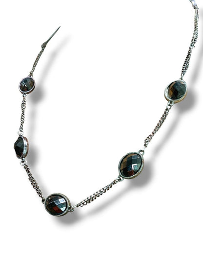 Silvertone Necklace Purple Yellow Beaded Overhead No Clasp
