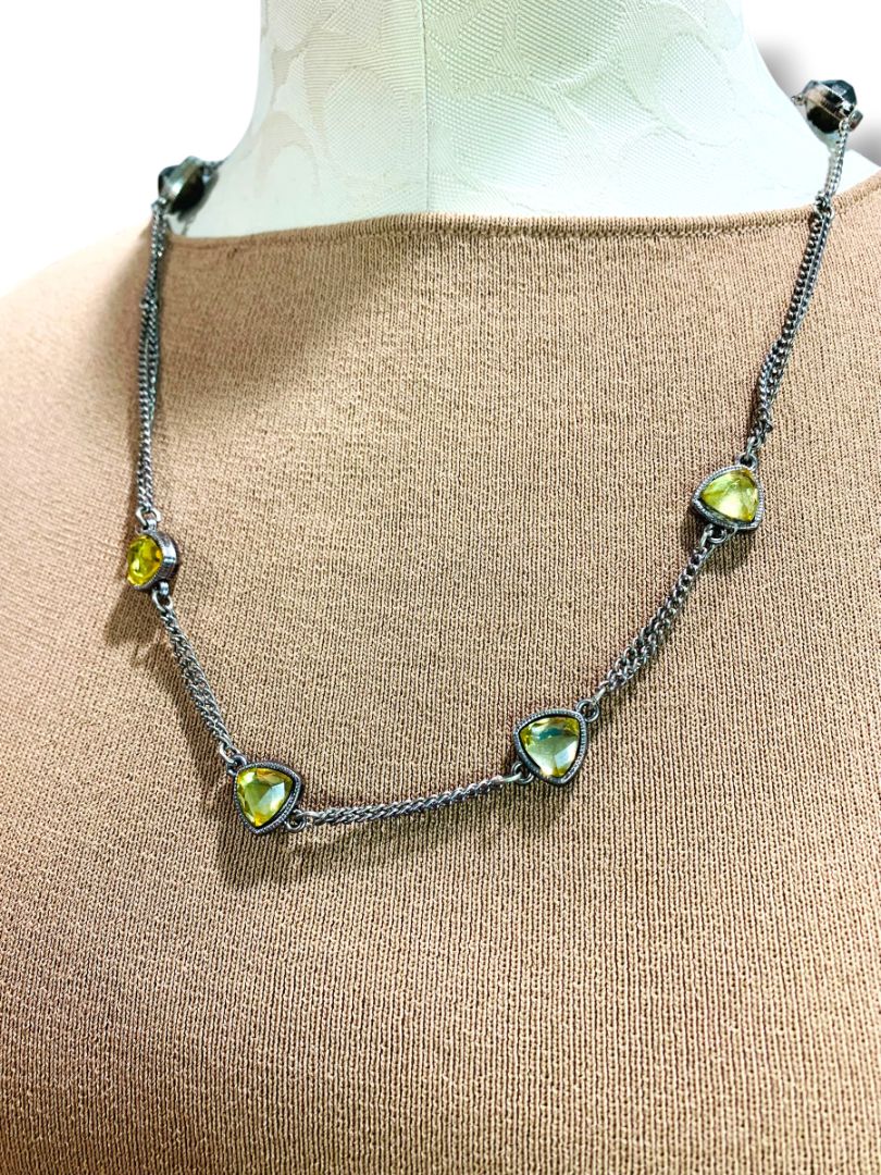 Silvertone Necklace Purple Yellow Beaded Overhead No Clasp