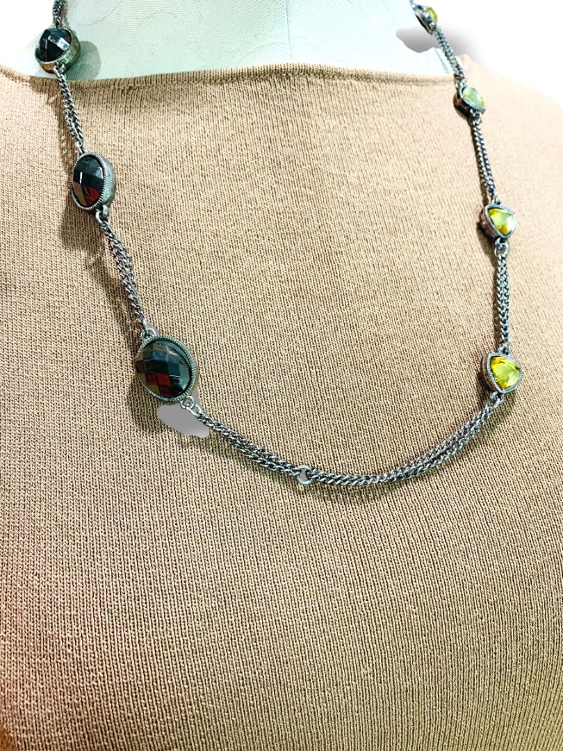 Silvertone Necklace Purple Yellow Beaded Overhead No Clasp