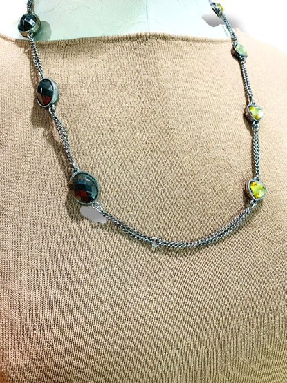 Silvertone Necklace Purple Yellow Beaded Overhead No Clasp