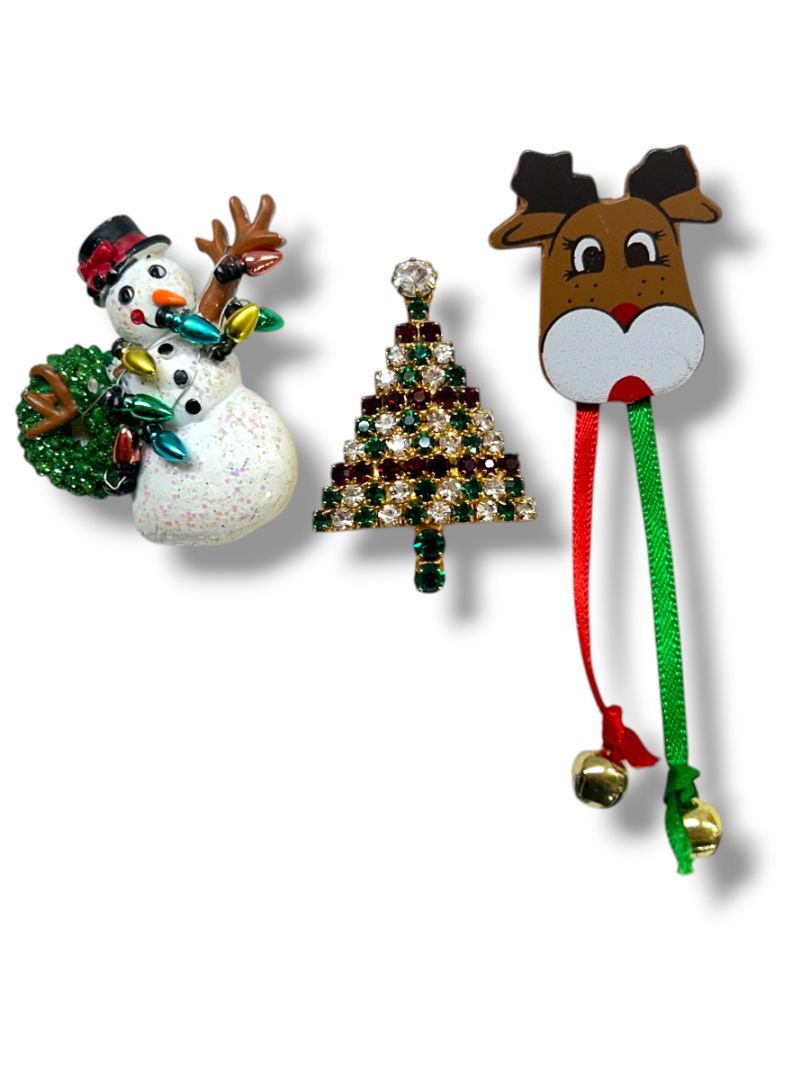 Lot of 3 Holiday Christmas Brooch Pins Snowman Reindeer Tree 1.75"