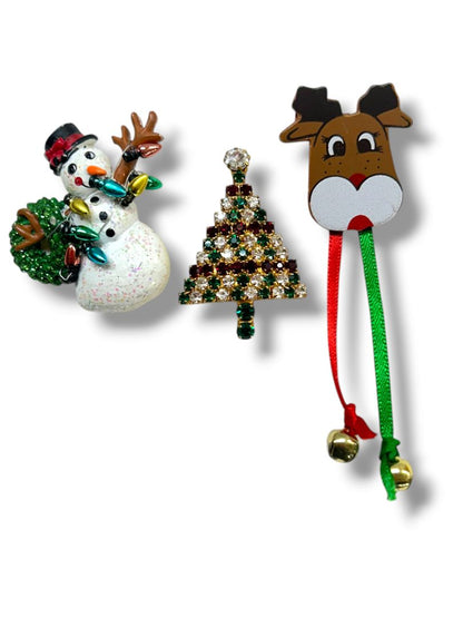 Lot of 3 Holiday Christmas Brooch Pins Snowman Reindeer Tree 1.75"