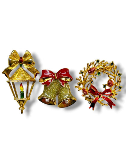 Lot of 3 Goldtone Christmas Brooch Pins Bells Wreath Lantern 1.25-2"