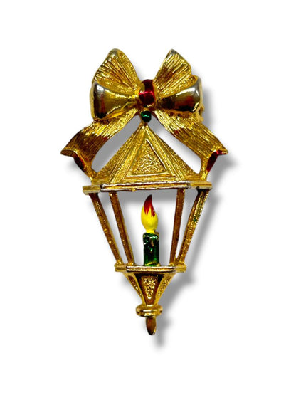 Lot of 3 Goldtone Christmas Brooch Pins Bells Wreath Lantern 1.25-2"