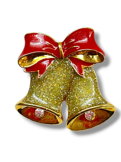 Lot of 3 Goldtone Christmas Brooch Pins Bells Wreath Lantern 1.25-2"
