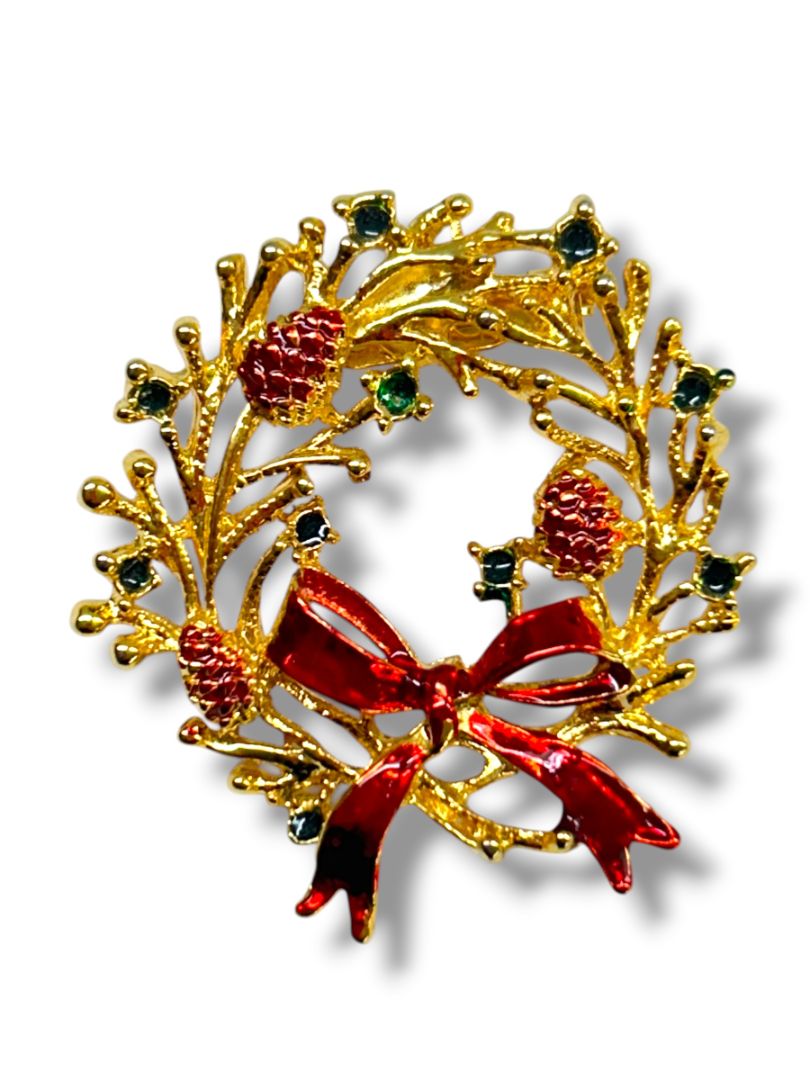 Lot of 3 Goldtone Christmas Brooch Pins Bells Wreath Lantern 1.25-2"