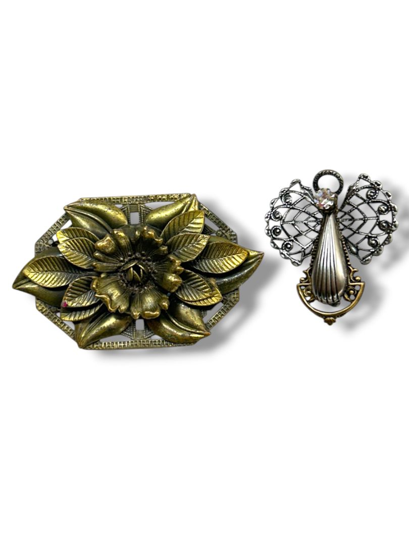 2 Brass Color Brooch Pins Rose Intricate Artsy 3" Angel Silvertone 1.8"