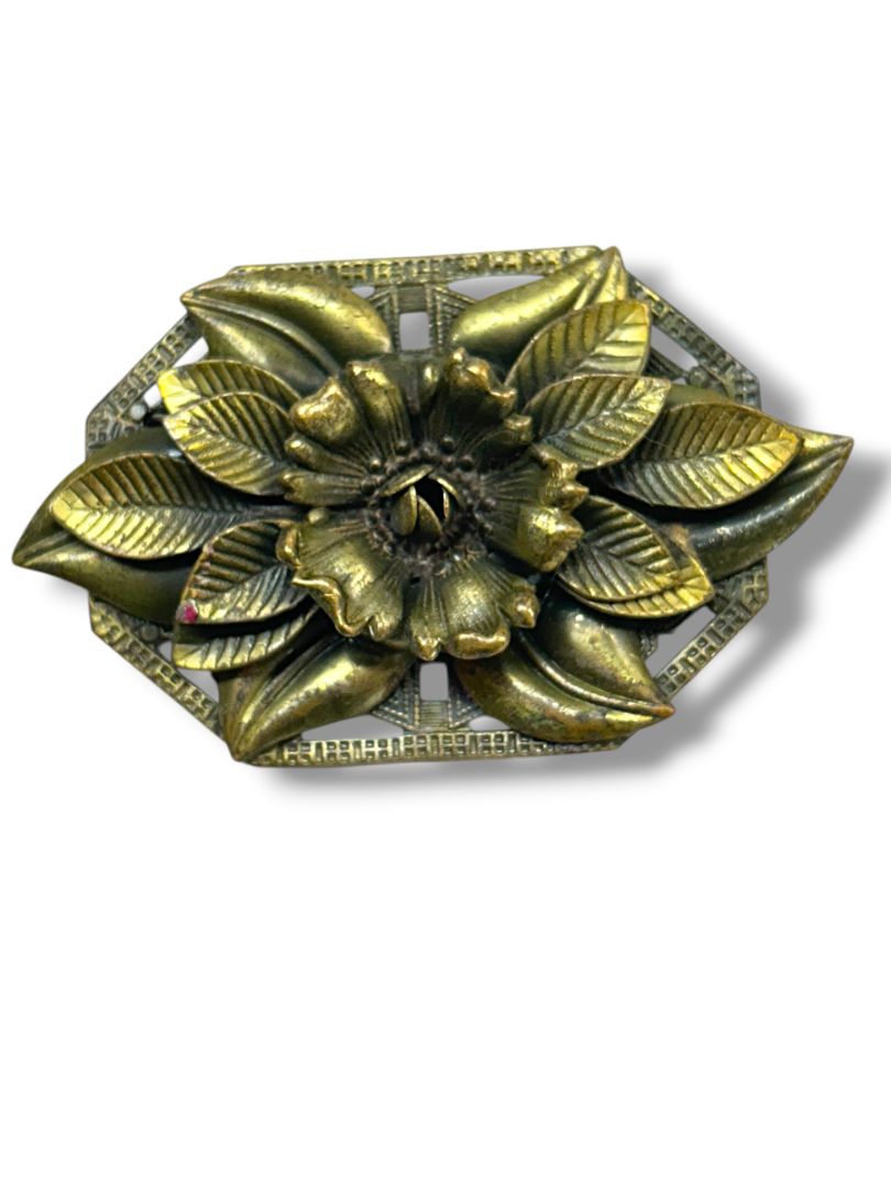 2 Brass Color Brooch Pins Rose Intricate Artsy 3" Angel Silvertone 1.8"