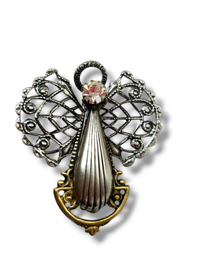 2 Brass Color Brooch Pins Rose Intricate Artsy 3" Angel Silvertone 1.8"