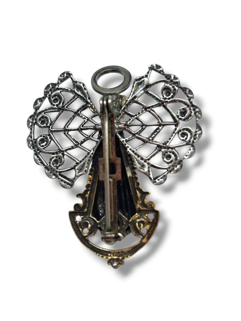 2 Brass Color Brooch Pins Rose Intricate Artsy 3" Angel Silvertone 1.8"