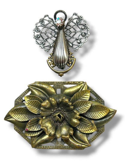 2 Brass Color Brooch Pins Rose Intricate Artsy 3" Angel Silvertone 1.8"